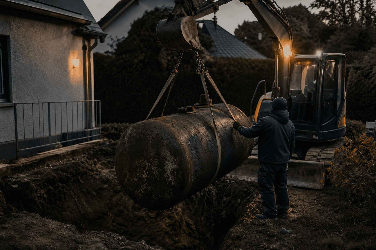 Erdtank-Ausbau mit Bagger im Garten eines Bielefelder Wohnhauses