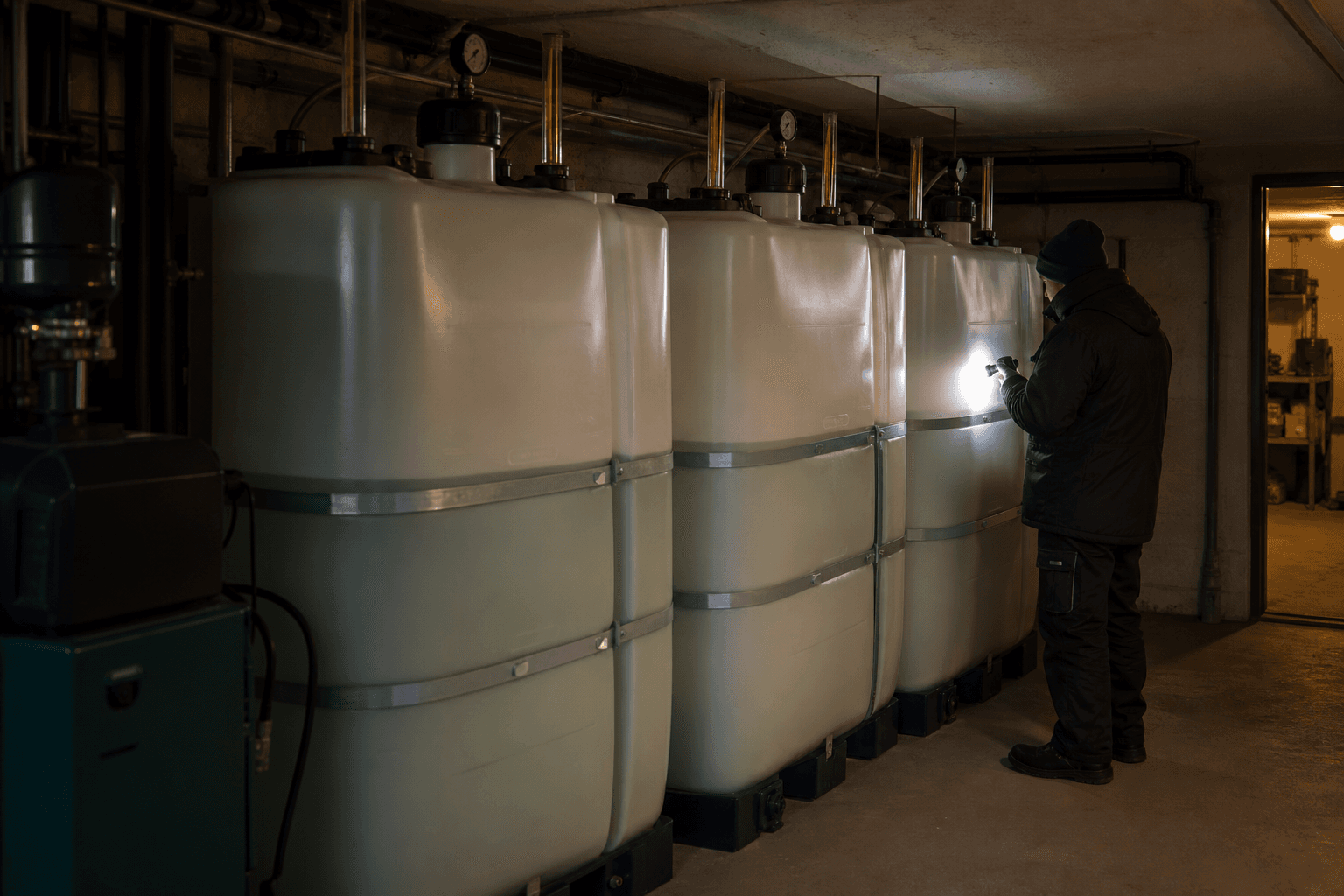 Kunststofftank-Batterie vor dem Ausbau in einem Einfamilienhaus-Keller in Bielefeld-Heepen